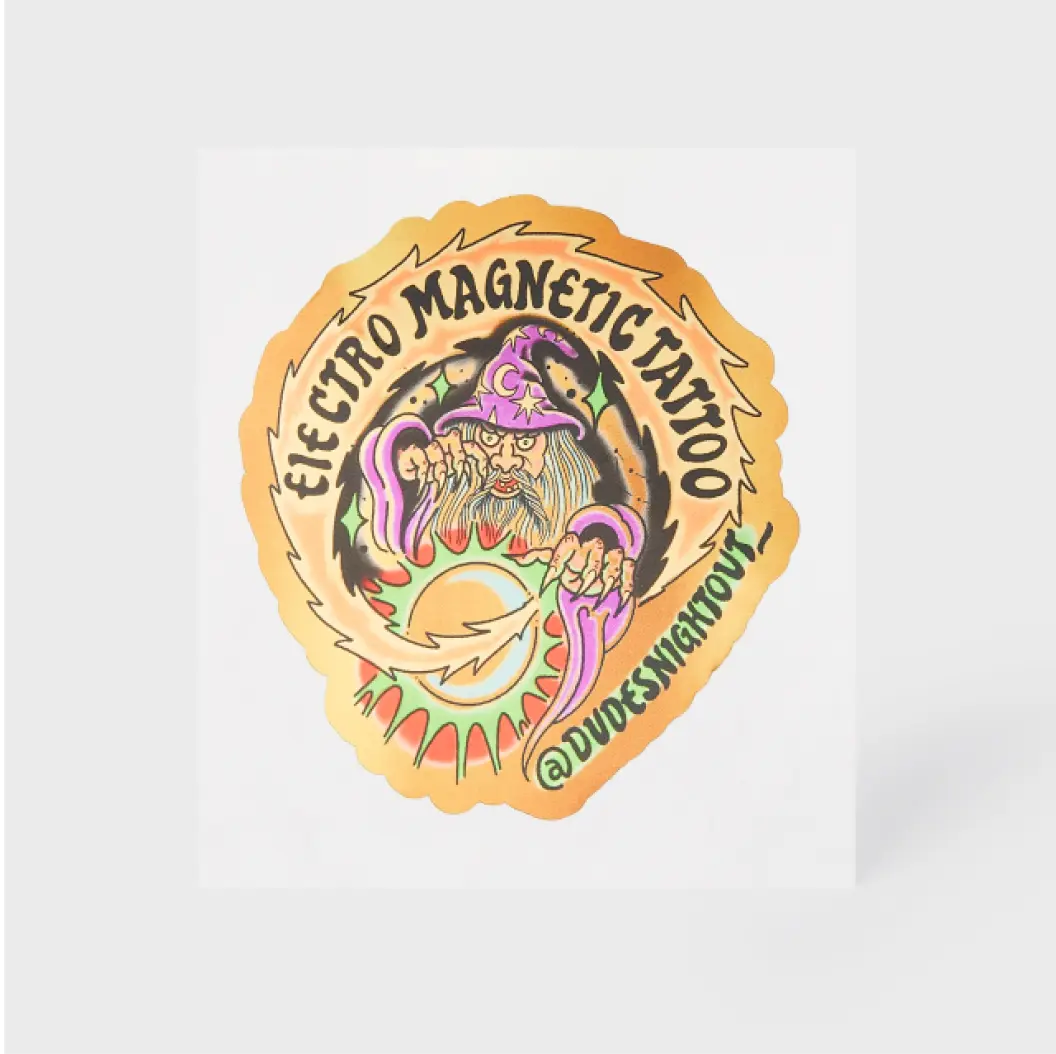 Circular sticker featuring a wizard with text that reads “Electro Magnetic Tattoo.”