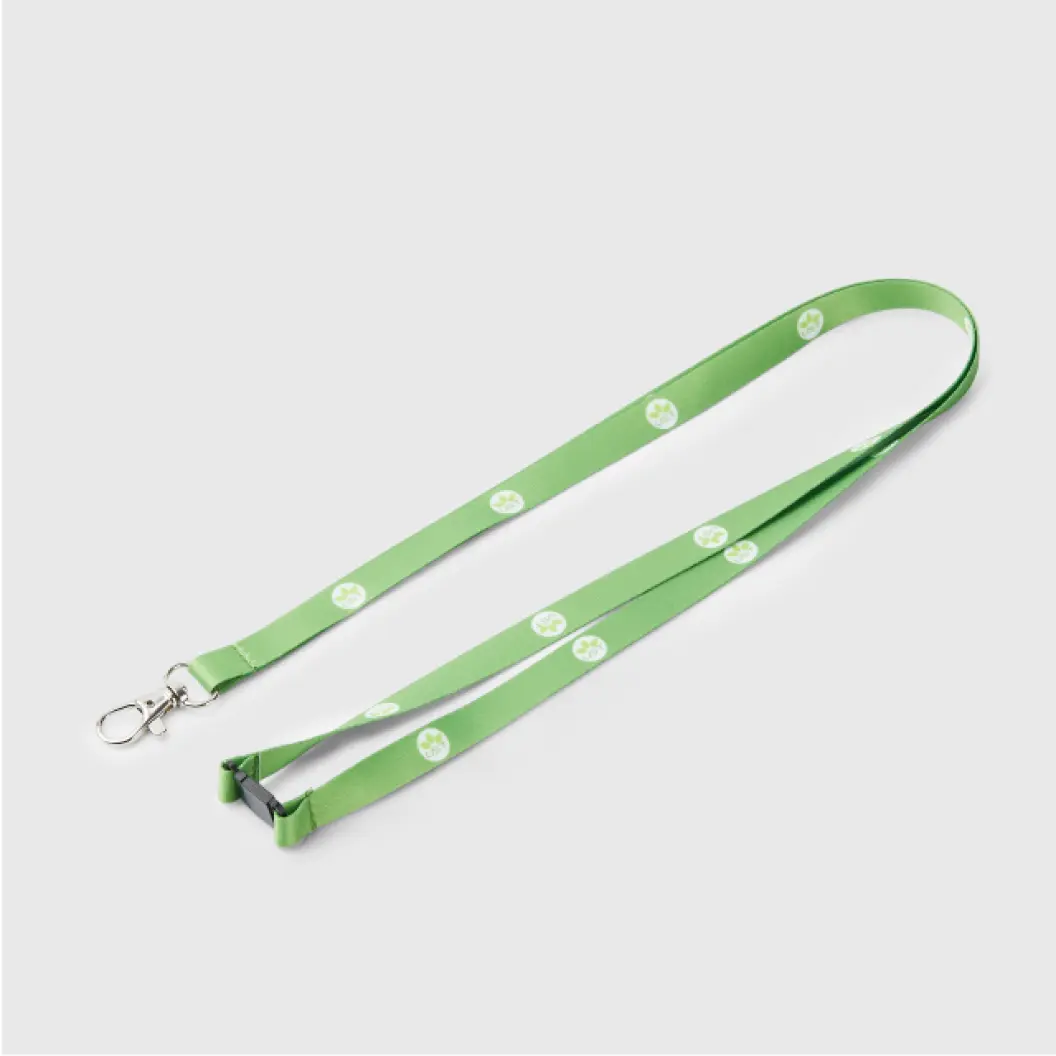 Green lanyard with a repeating white logo pattern.