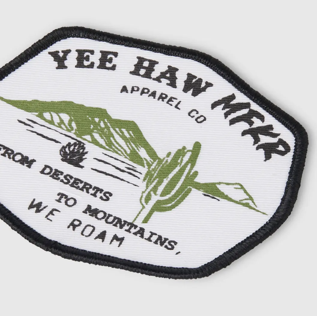 Yee Haw Woven patch featuring a cactus and desert design.