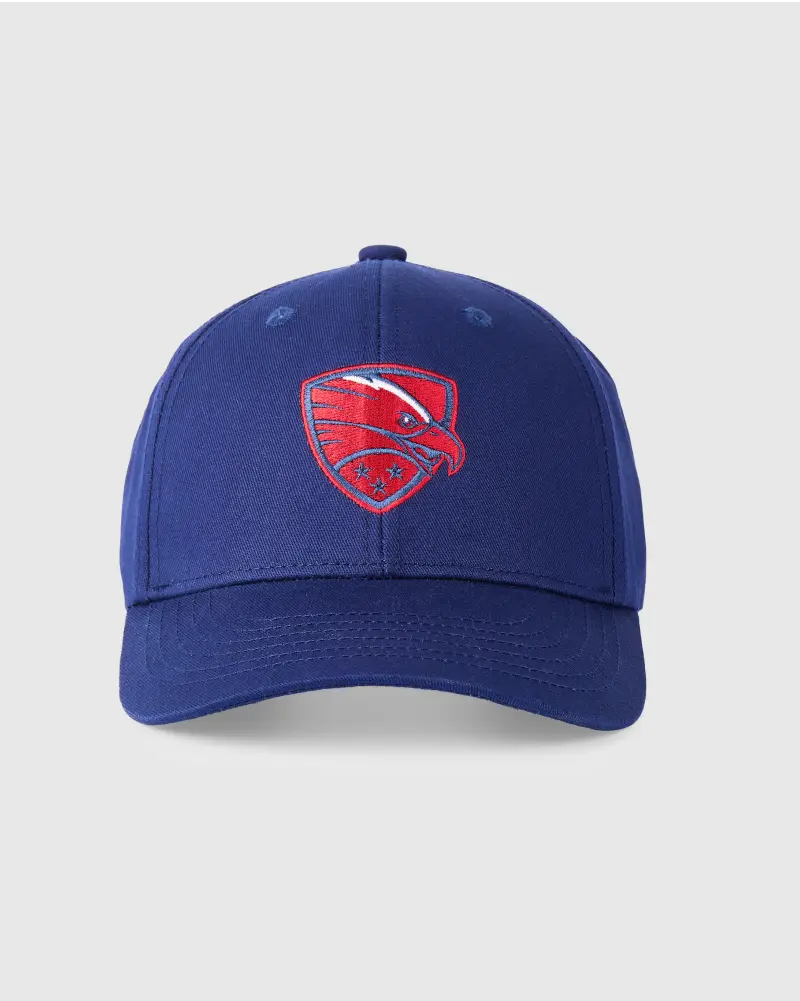 Blue hat featuring a red embroidered hawk head logo on the front panel.