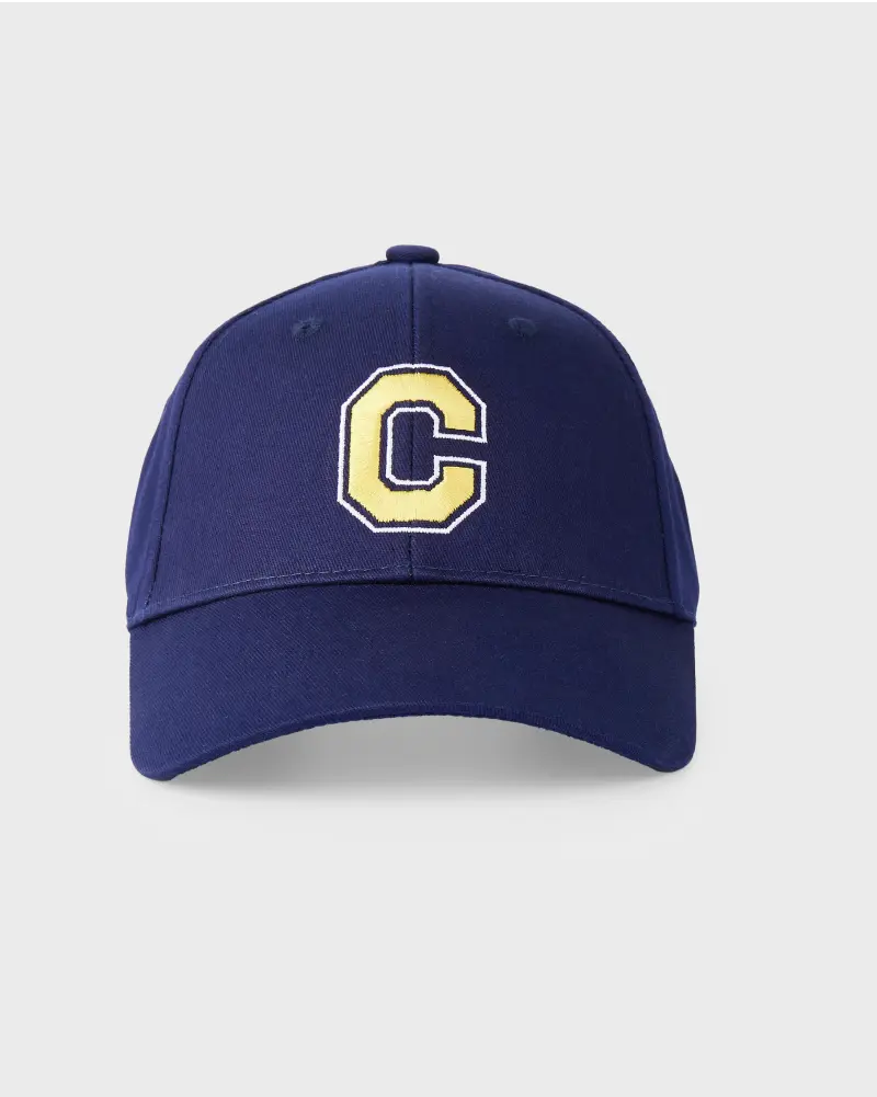 Blue hat with an embroidered yellow and white letter “C” logo on the front panel.