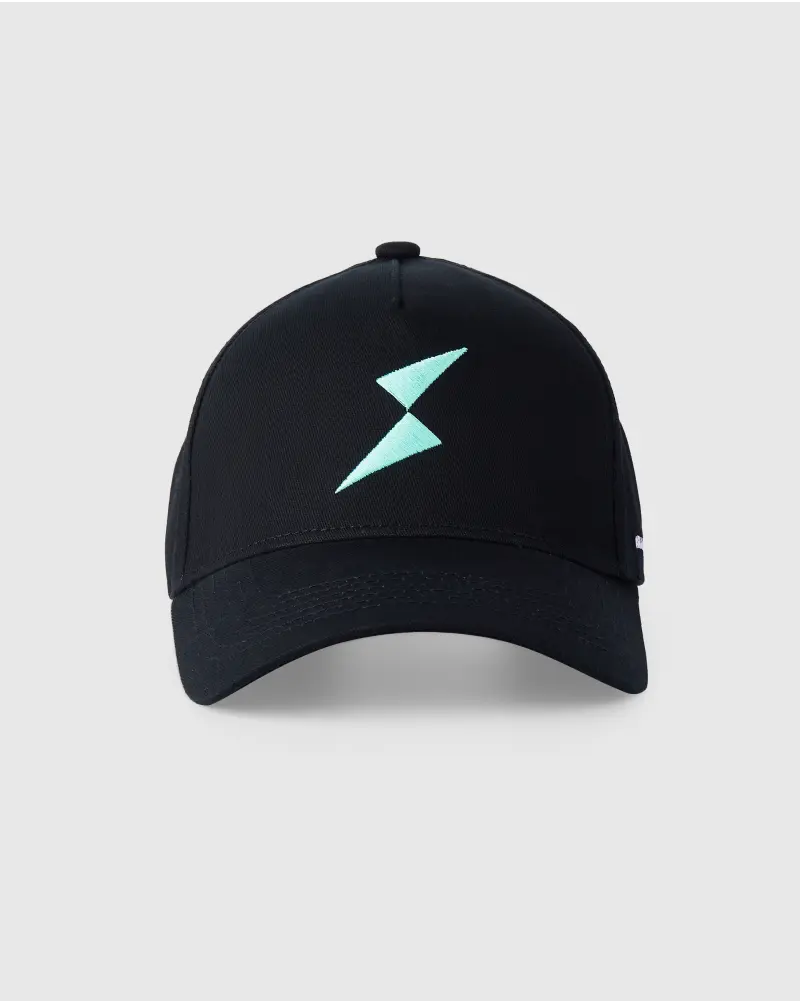 Black hat with a light blue embroidered lightning bolt logo on the front panel.