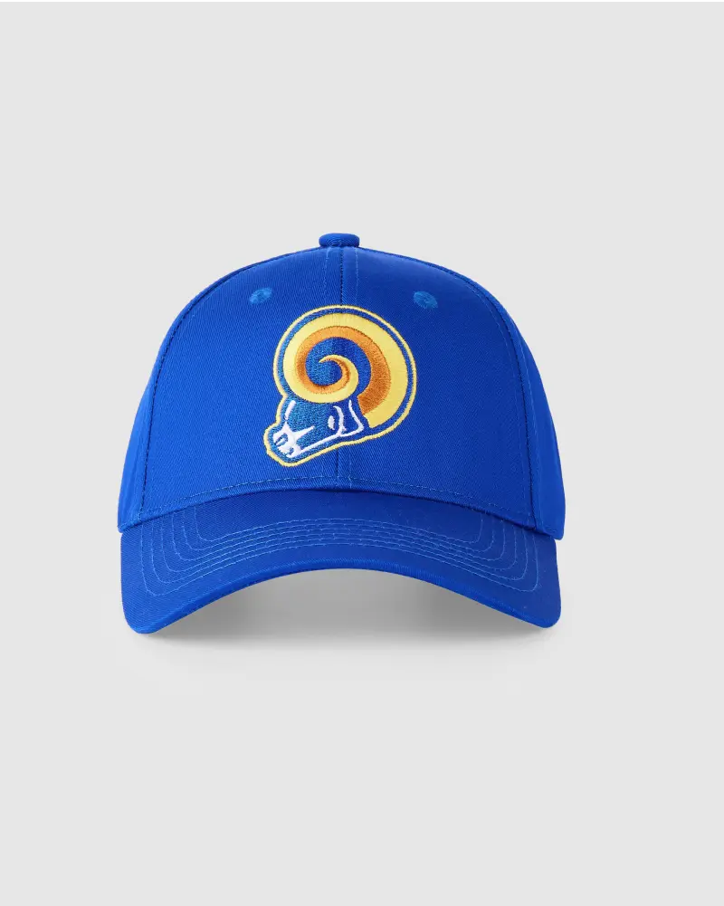 Blue hat with an embroidered yellow and white ram’s head logo on the front.