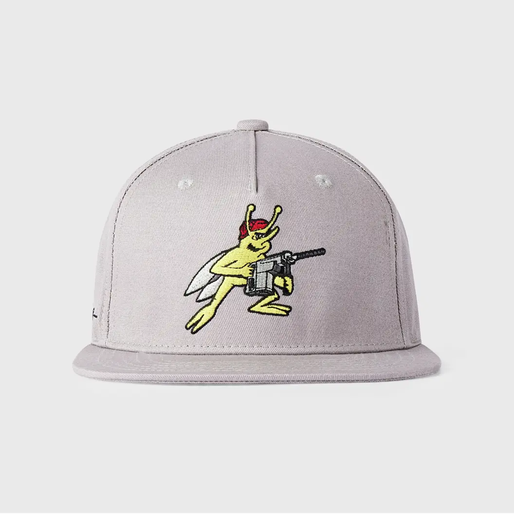 Light gray cap with embroidered cartoon fly holding a rifle, wearing a red hat.