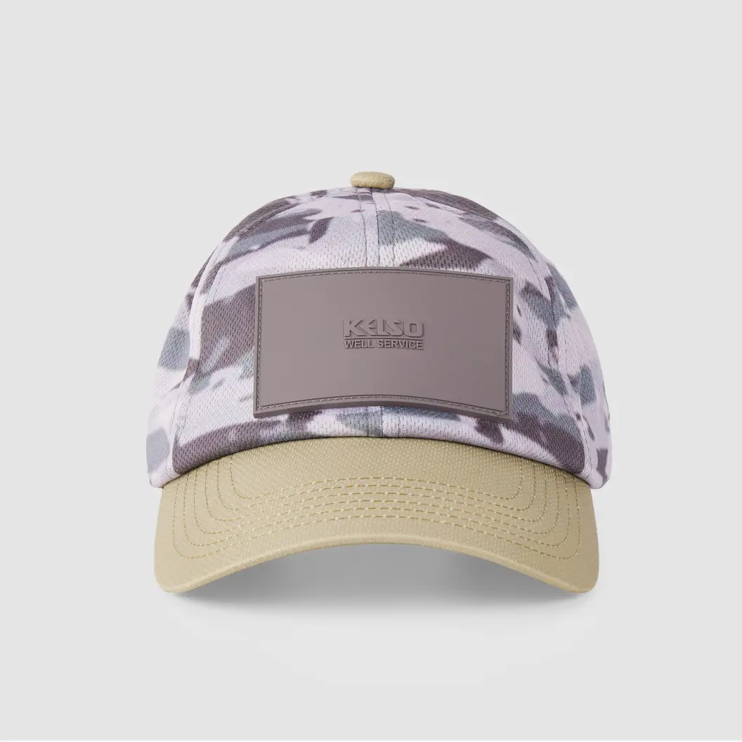 Camo-patterned hat with beige brim and a large brown leather patch with embossed text ‘Kaso Well Service.’