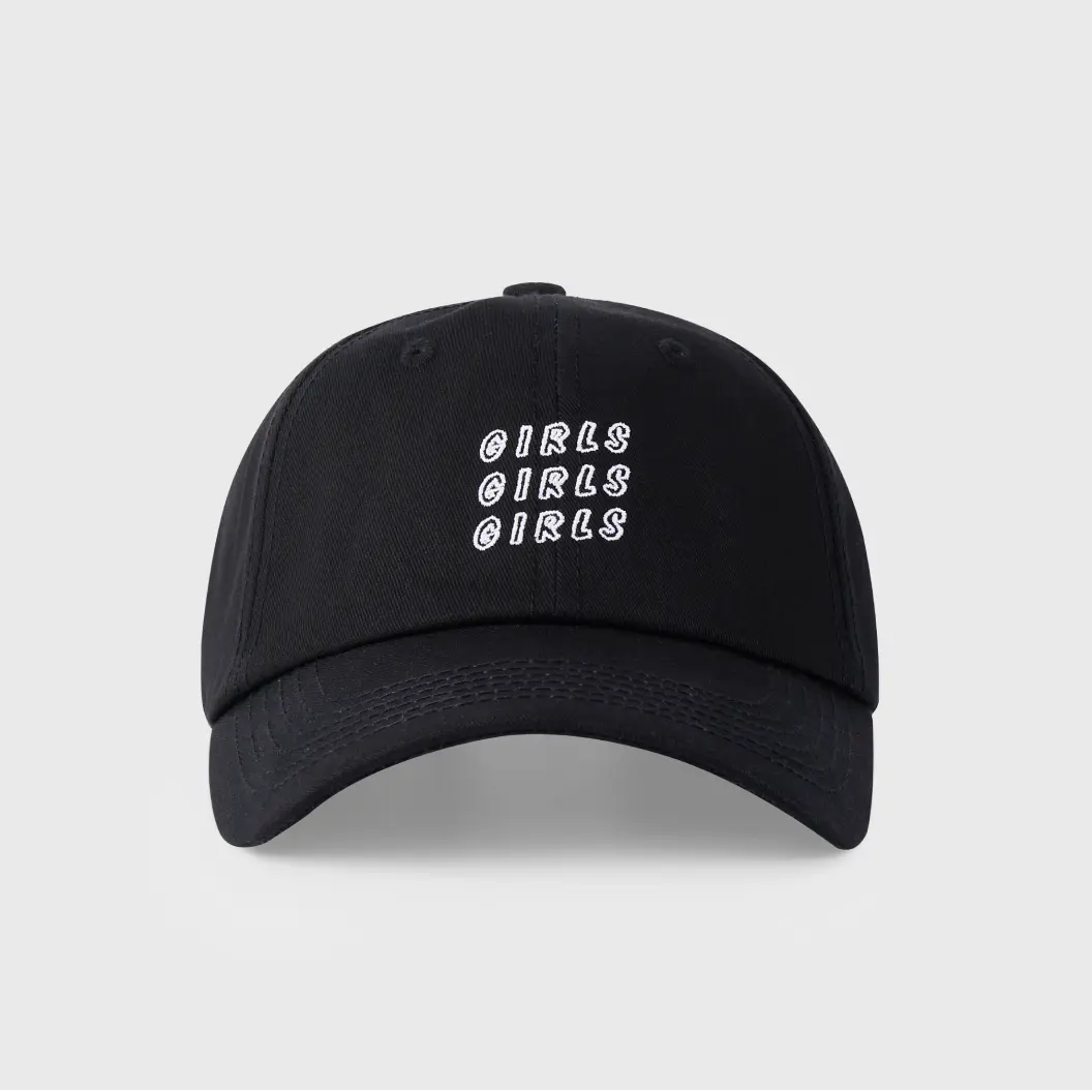 Black hat with white embroidered text reading ‘Girls Girls Girls’ in a repeating pattern.