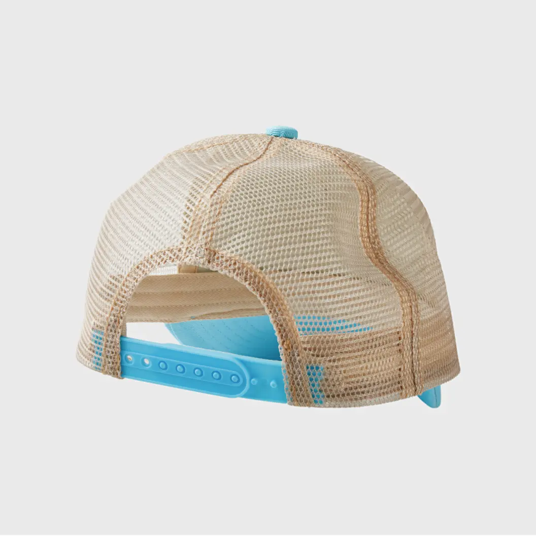 Tan mesh trucker hat with blue adjustable strap and snapback closure.