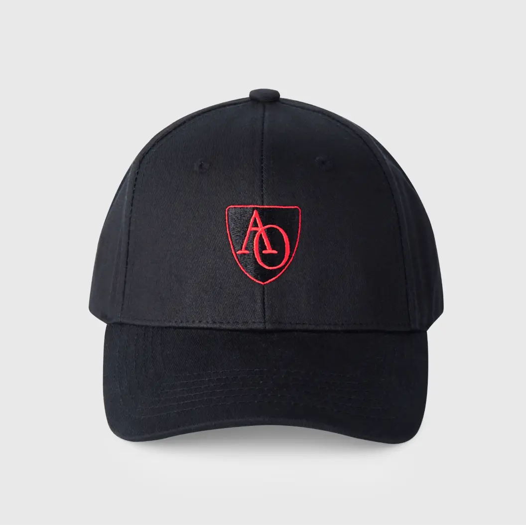 Black hat with red embroidered shield logo containing the initials ‘AO.’