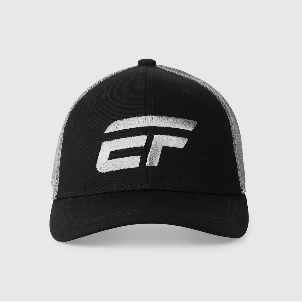 Black and gray trucker hat with large white embroidered ‘EF’ logo on the front.