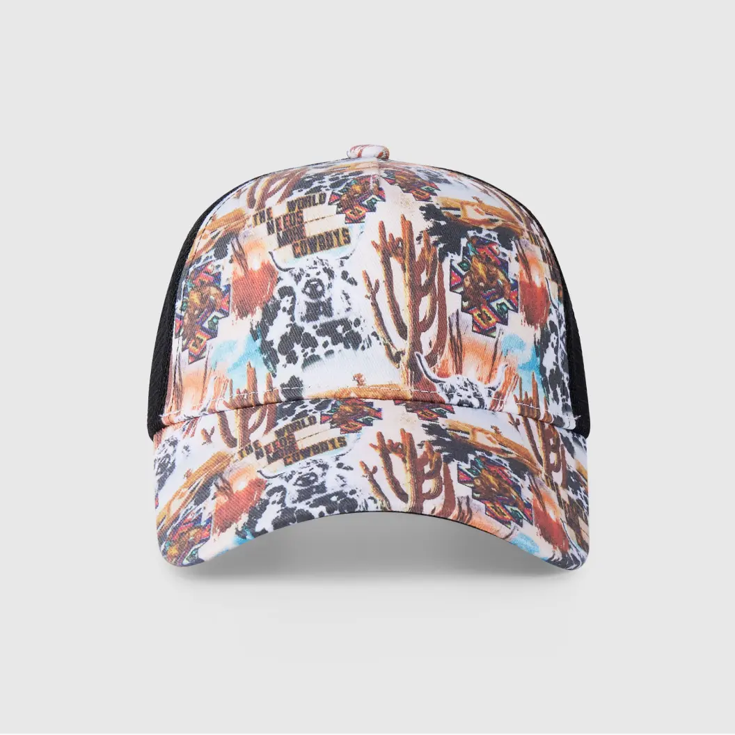 Multicolored hat with a western theme, featuring cacti and vibrant lettering in 360 print.