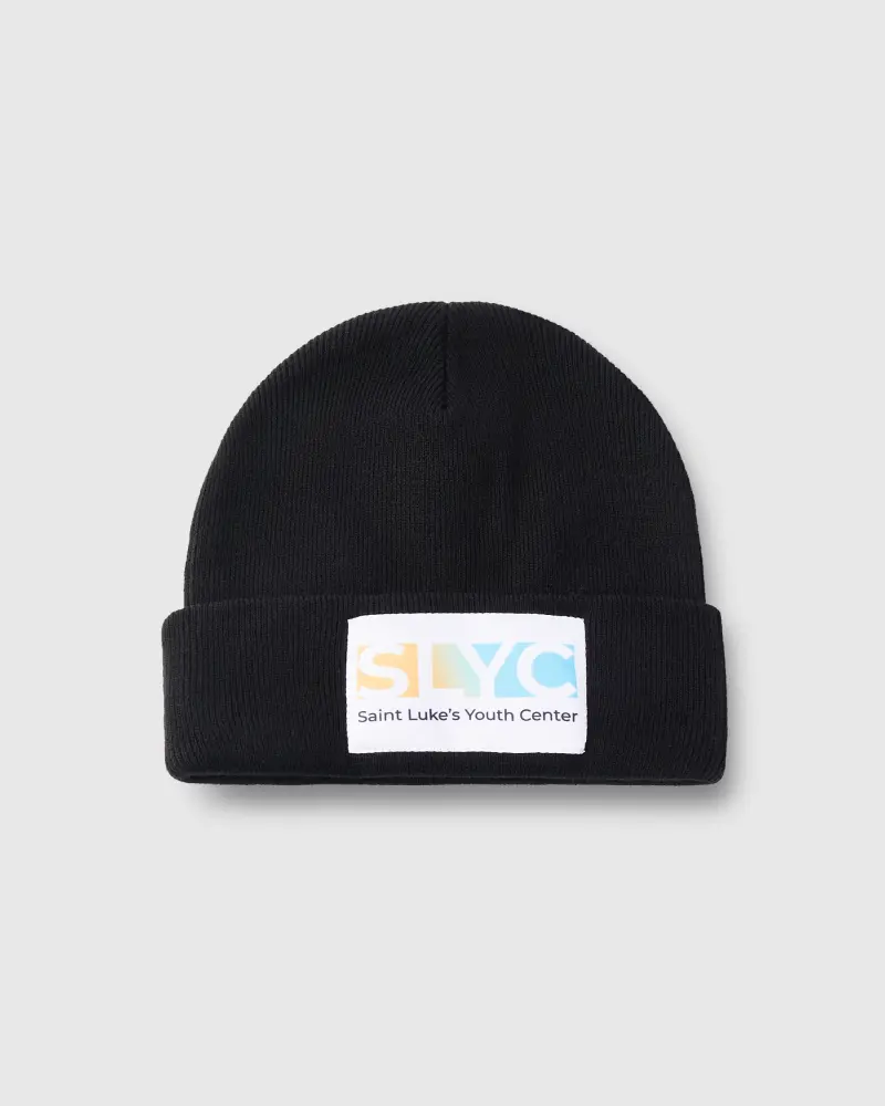 Black beanie with a rectangular SLYC label.