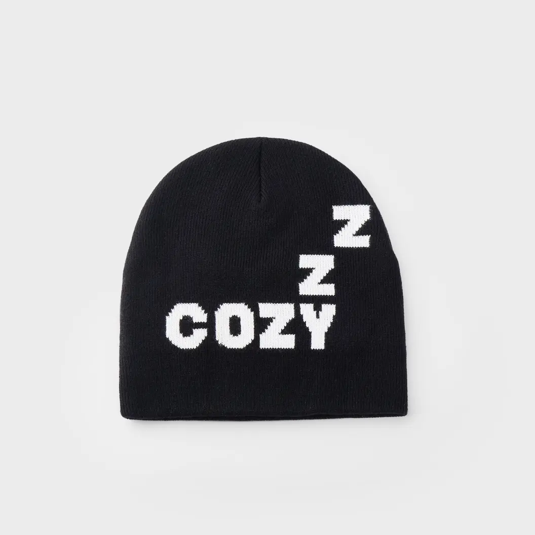 Black beanie featuring “Cozy” text.