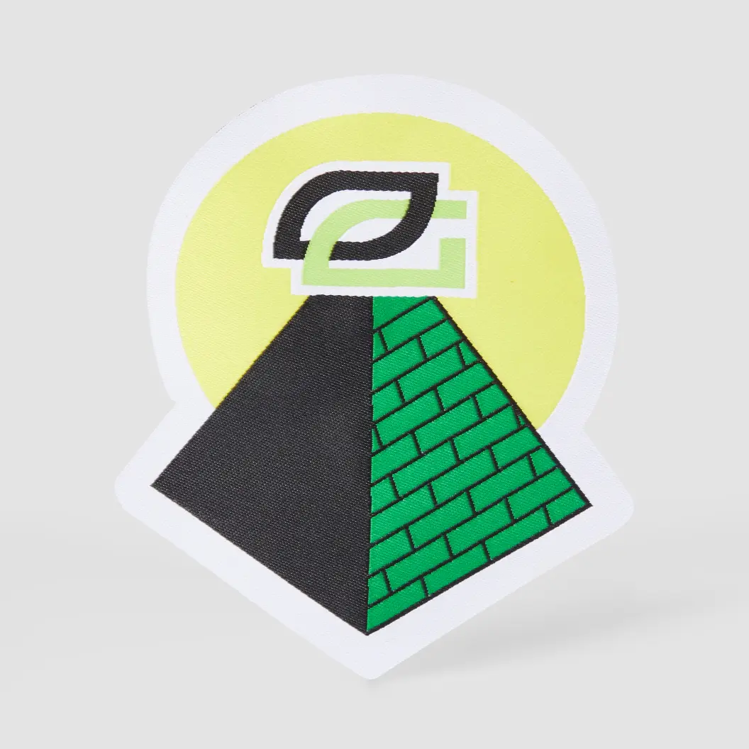 Triangular printed label showcasing a green and black stylized logo on top of a green pyramid with a yellow circular background