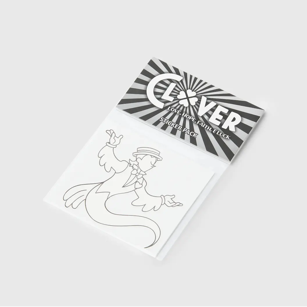 Sticker pack with a black and white cover showing a figure in a hat with a dynamic background and the word “Clover” at the top.