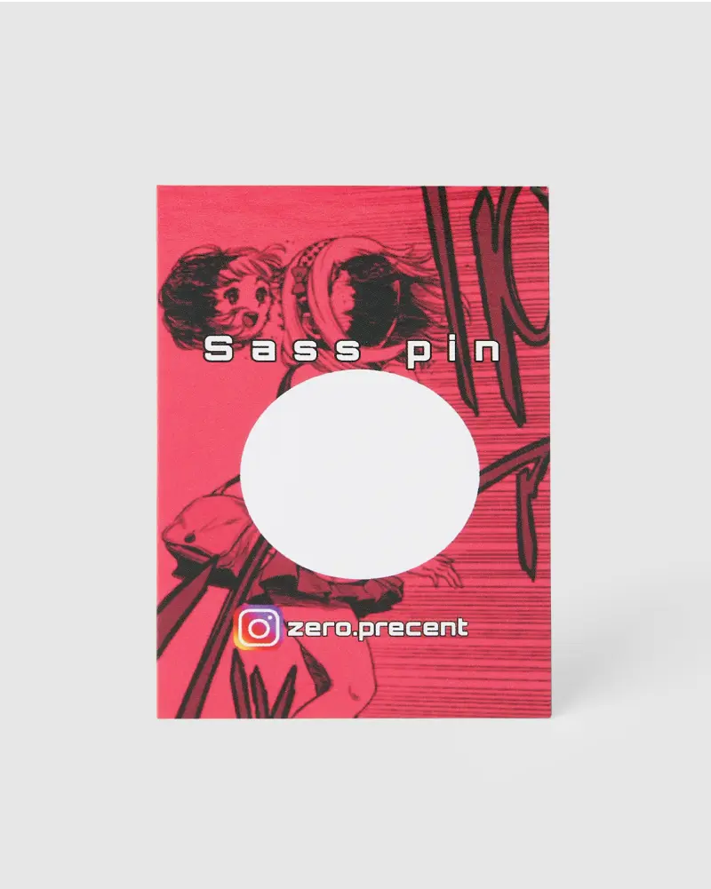 Vibrant red backer card with manga-style art and a circular die-cut for displaying a pin, with “Sass Pin” and social media handle printed.