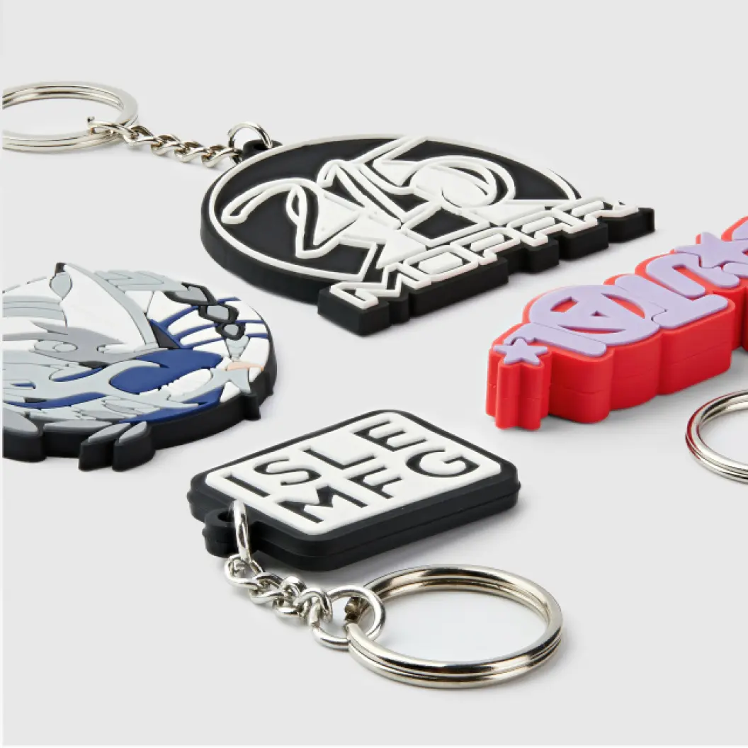 Set of colorful custom PVC keychains.