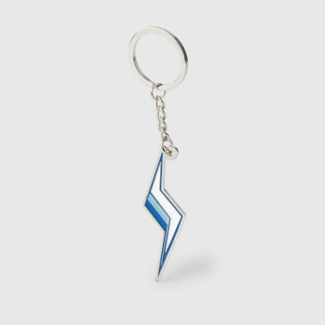 Custom modern lightning-shaped metal keychain, colored in shades of blue and white.