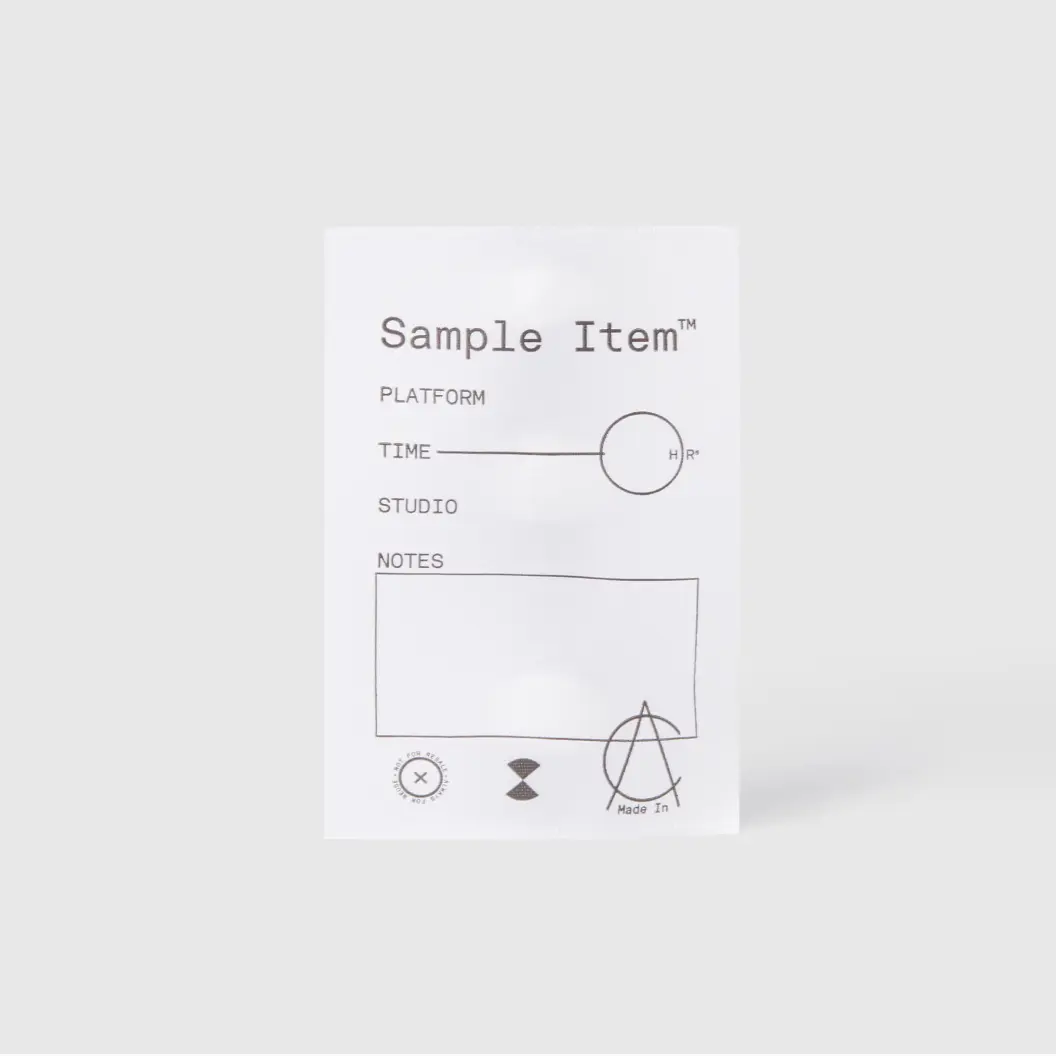 White label titled “Sample Item” with outlined text fields for platform, time, studio, and notes, designed for customizable item entries.