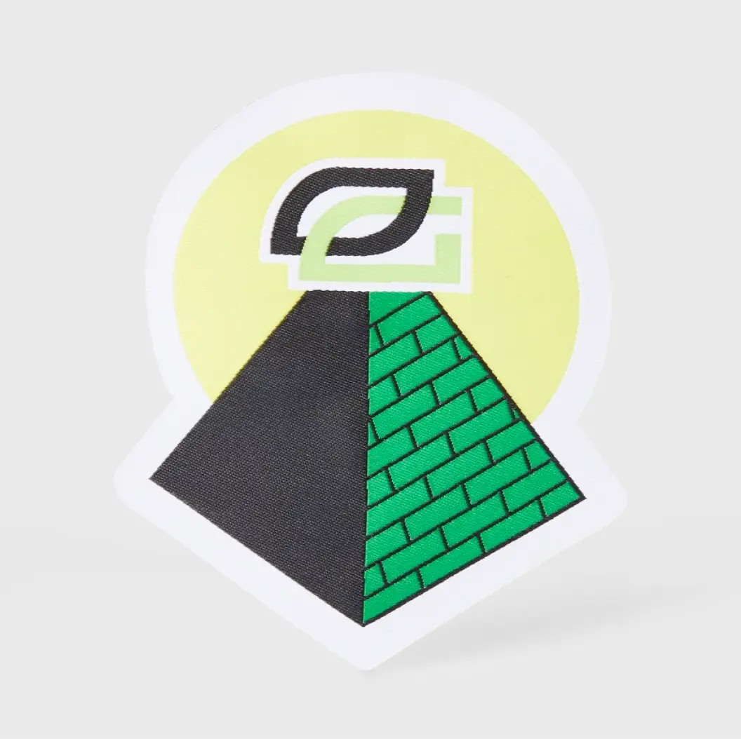 Triangular printed label showcasing a green and black stylized logo on top of a green pyramid with a yellow circular background