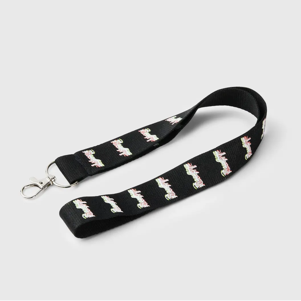 Black lanyard with repeating white logo.