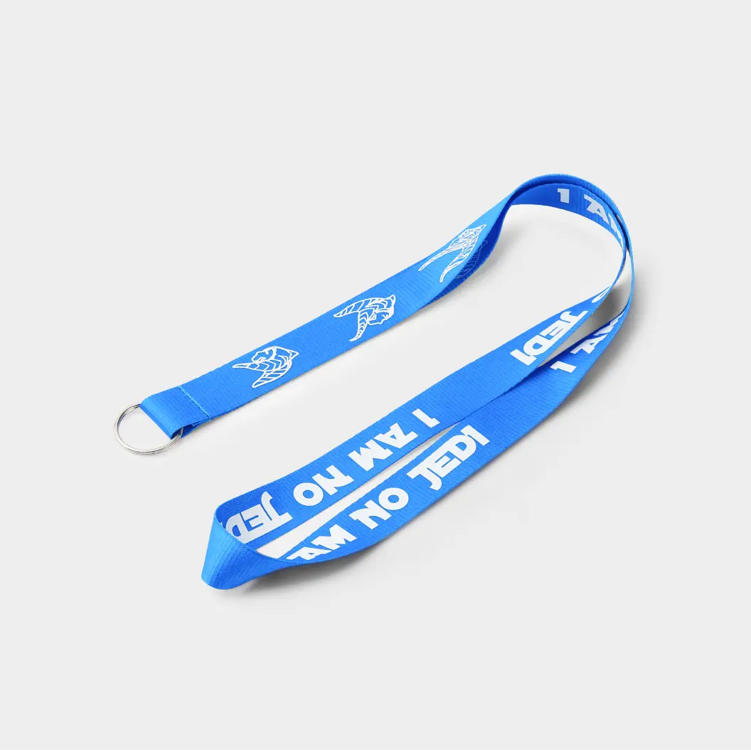 Blue lanyard with repeating white bold text and illustrations.