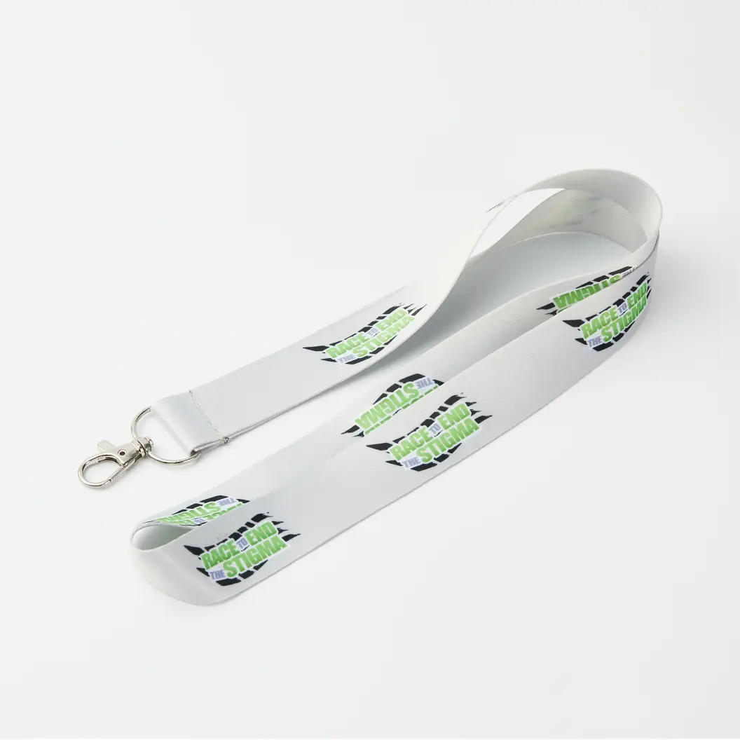 Grey lanyard featuring printed ‘Race to END the STIGMA’ logo.