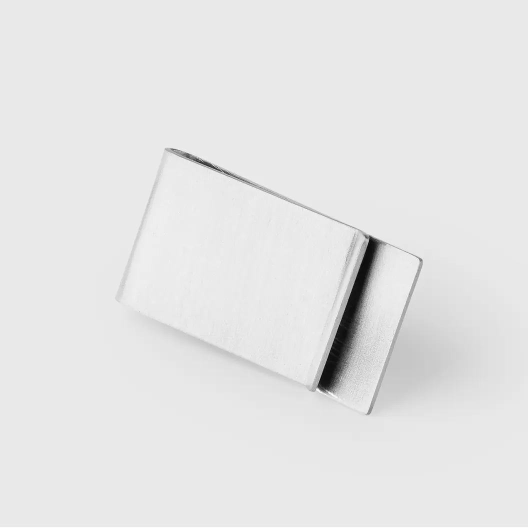 Silver rectangular money clip with a smooth finish.