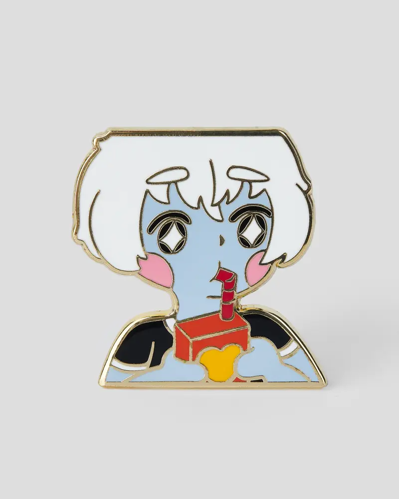 Hard enamel pin of anime girls drinking juice, with smooth, polished multicolored surface.