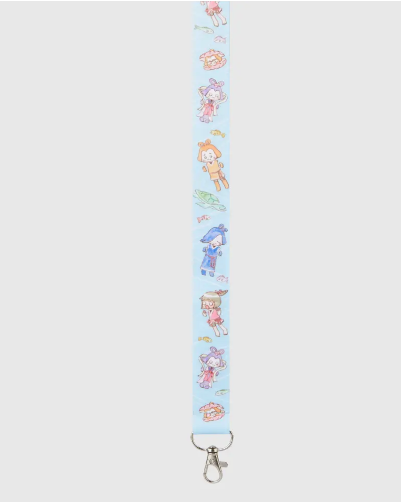 Light blue lanyard featuring a cartoonish, colorful pattern design.