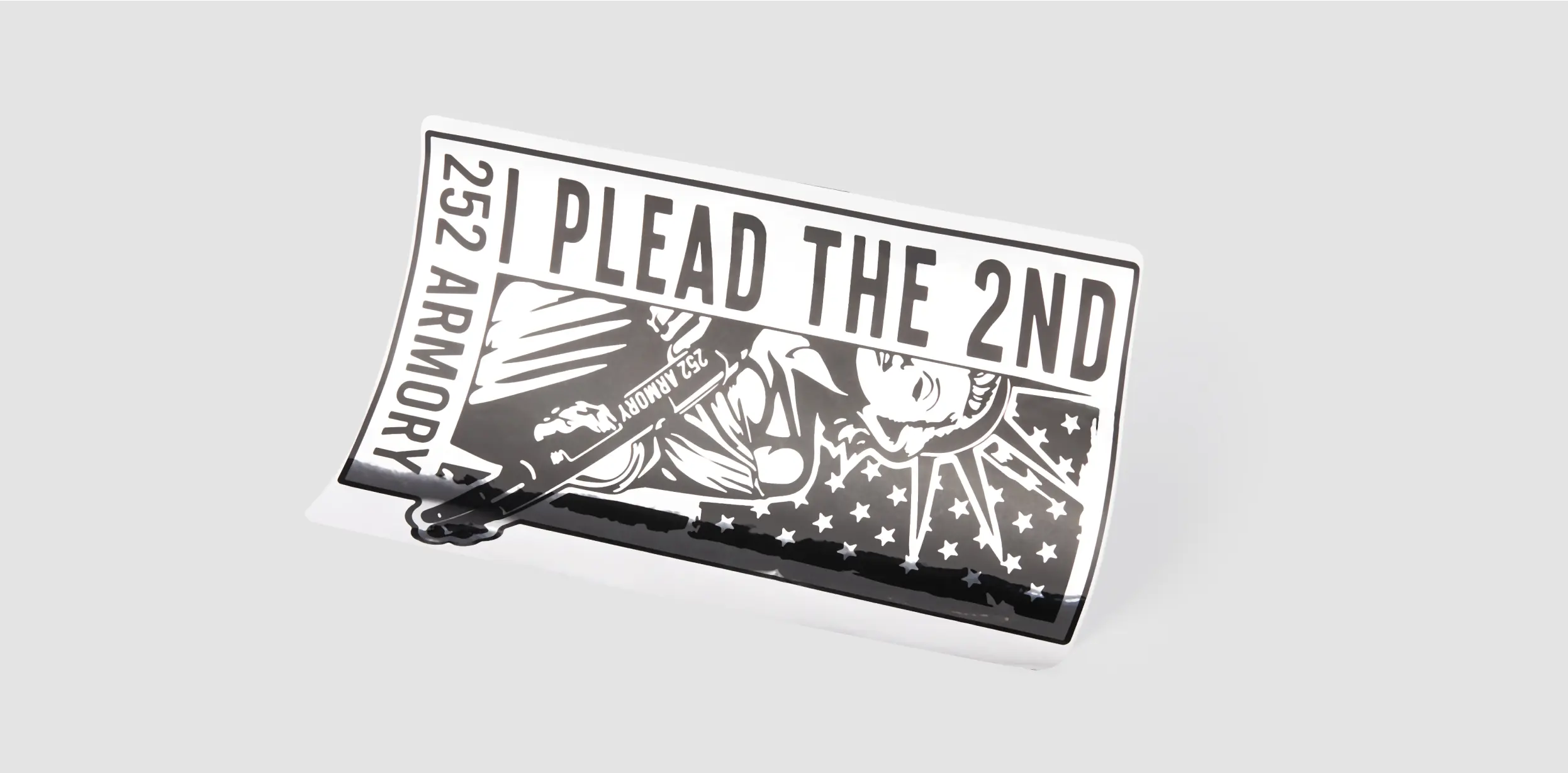 Black and white custom sticker with 'Plead the 2nd' text and a graphic of Lady Liberty holding a rifle.