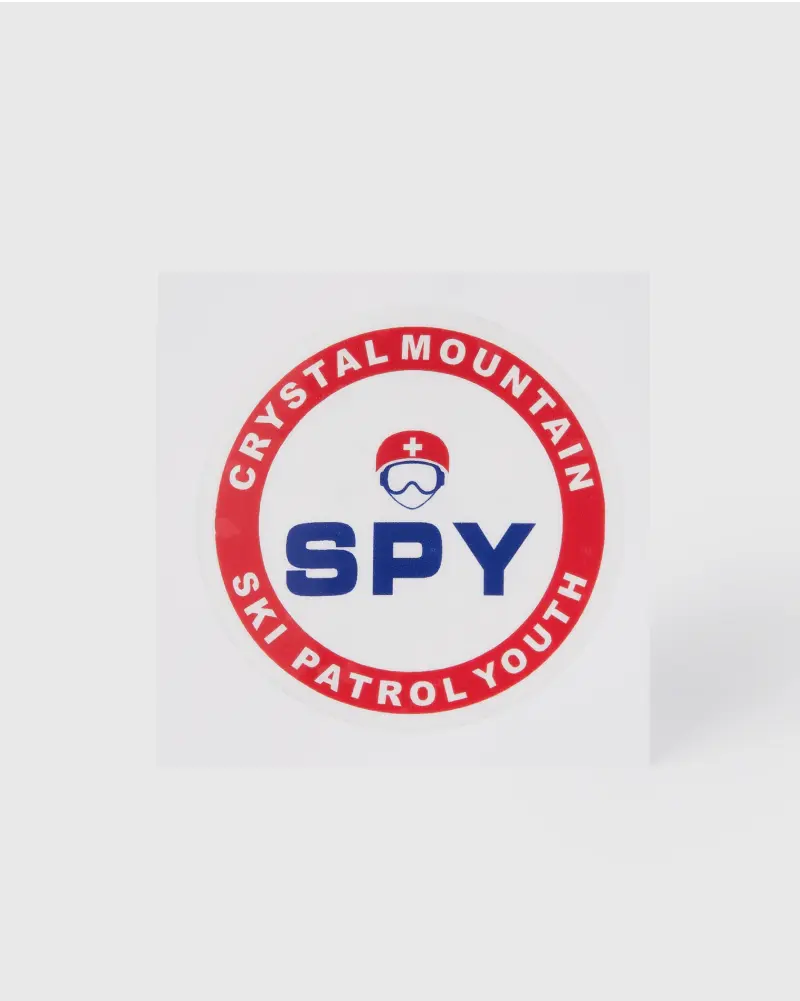 Round vinyl sticker featuring the Crystal Mountain Ski Patrol Youth (SPY) logo, with bold blue text and red accents