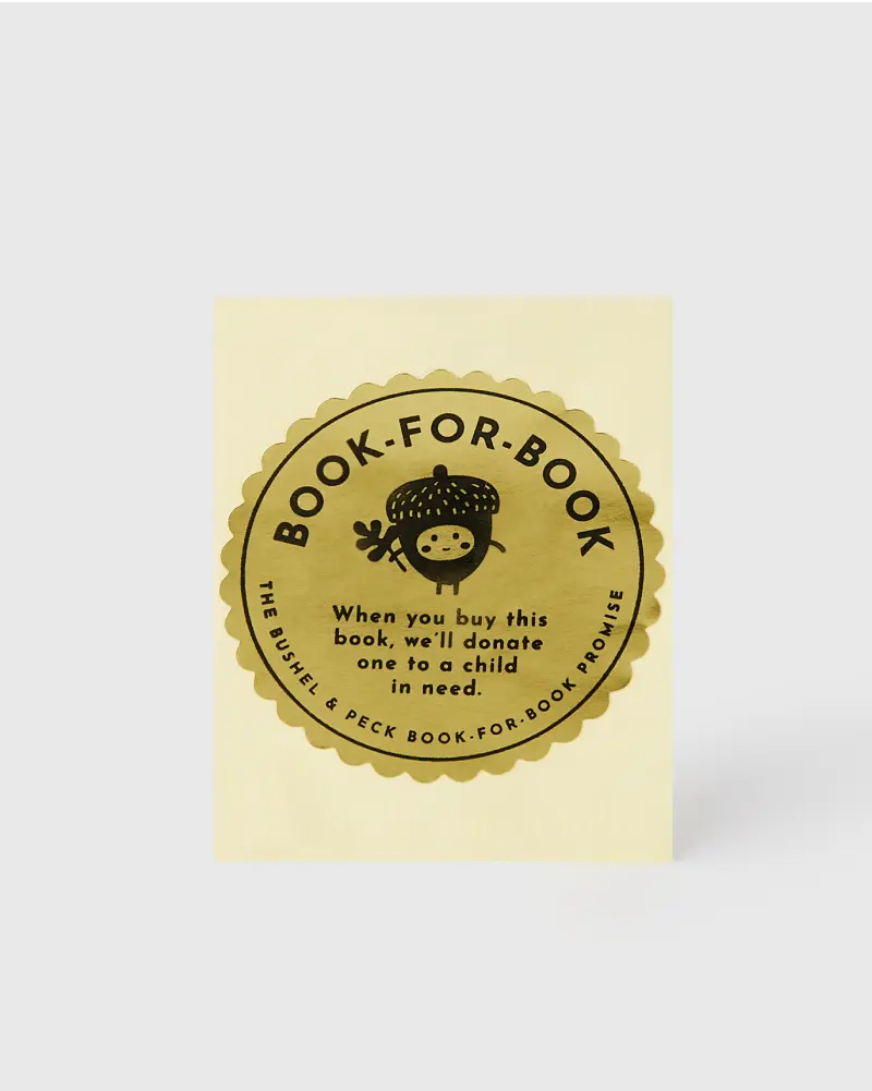 Gold metallic sticker with scalloped edges, promoting the 'Book-for-Book' program, featuring an acorn graphic and donation message.