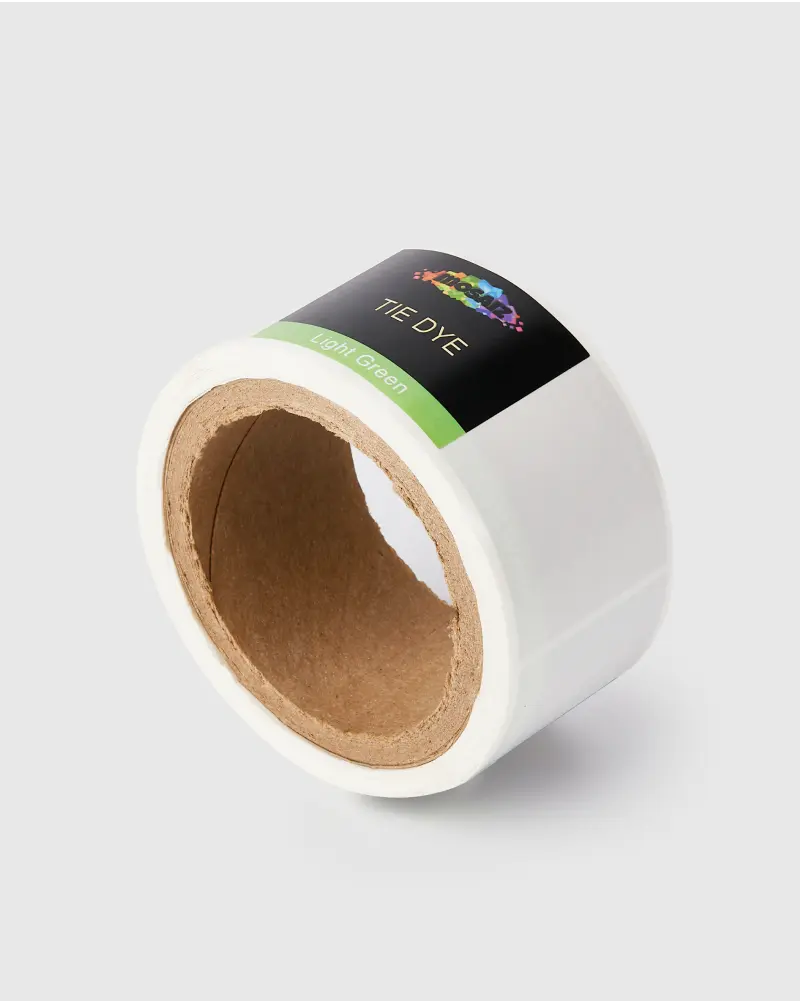 Sticker roll with 'Tie Dye, Light Green' label, ideal for branding and product packaging applications