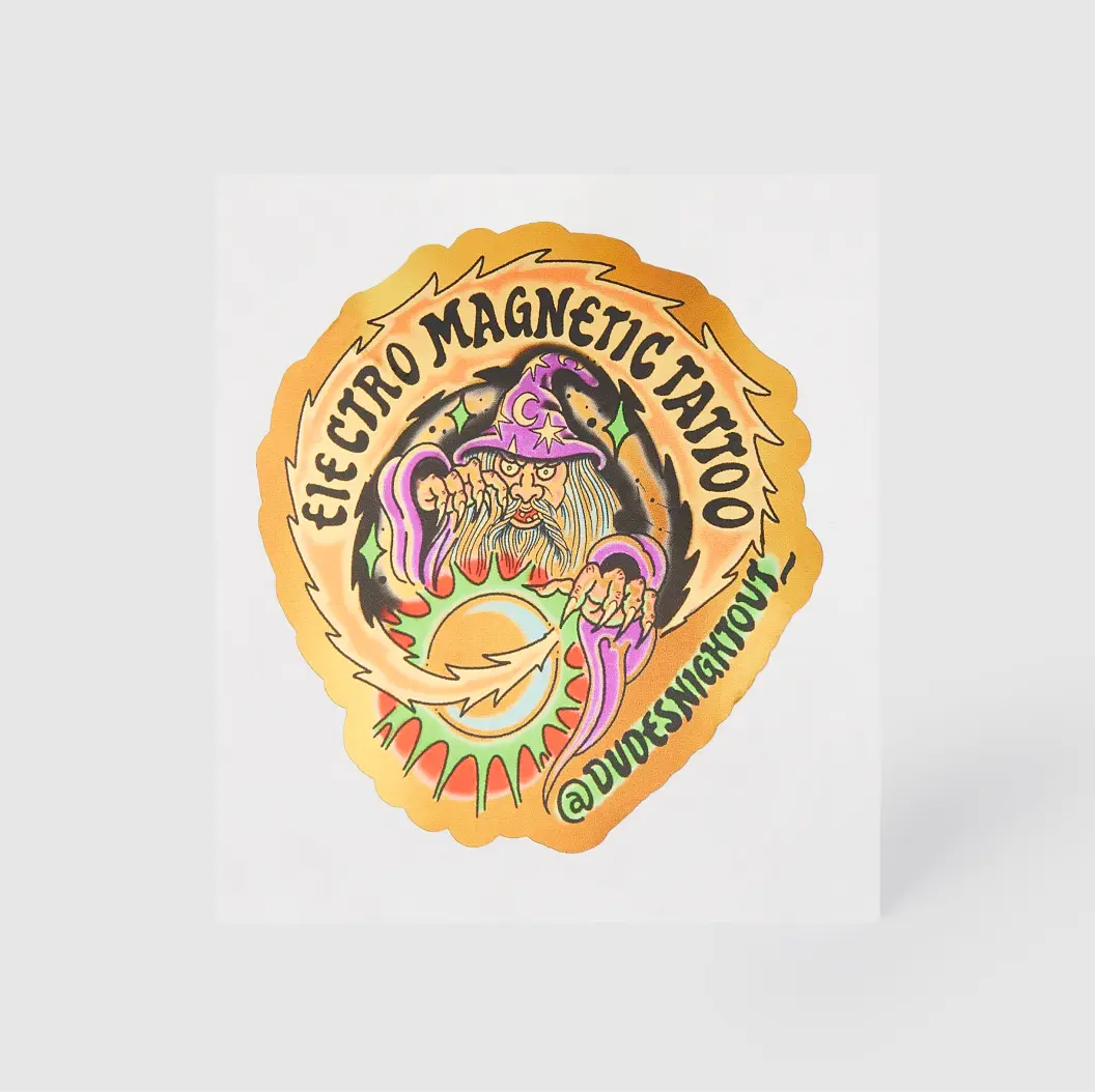 Gold metallic custom sticker featuring a wizard casting a spell, promoting 'Electro Magnetic Tattoo' with bold, vibrant artwork.