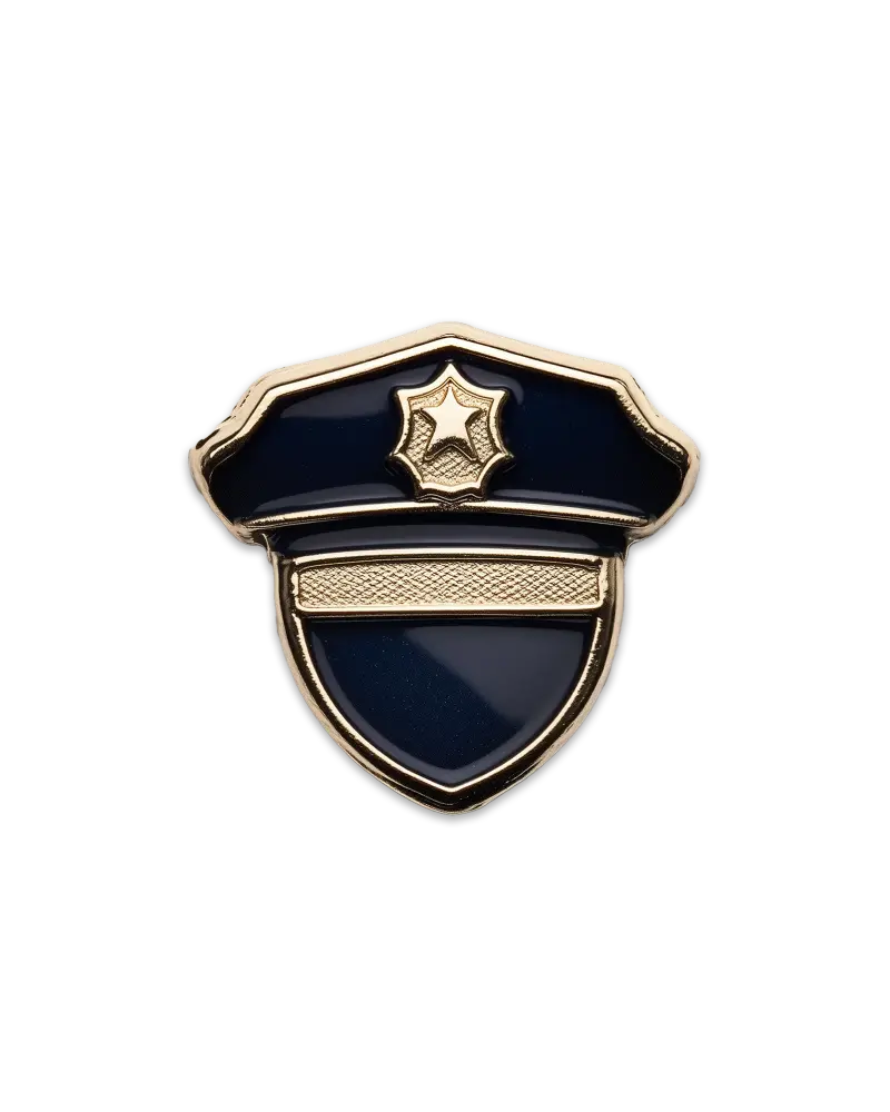 Navy blue and gold pin in the shape of a police badge