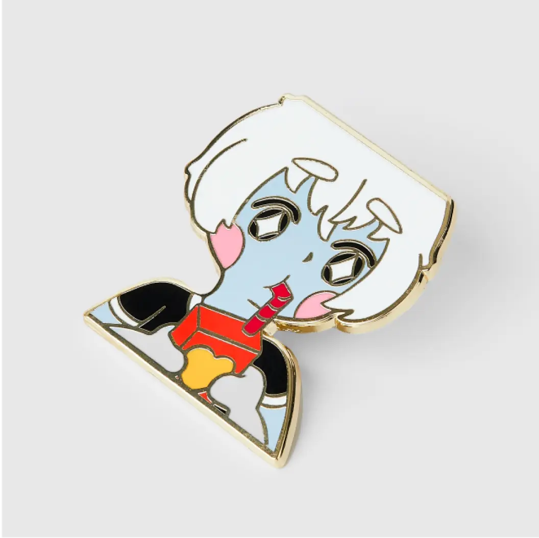 Hard enamel pin of anime girls drinking juice, with smooth, polished multicolored surface.