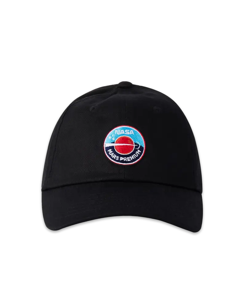 A black baseball cap with an embroidered NASA Mars Premium logo