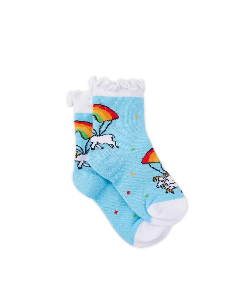 Blue children’s socks with a whimsical design of a unicorn and a rainbow