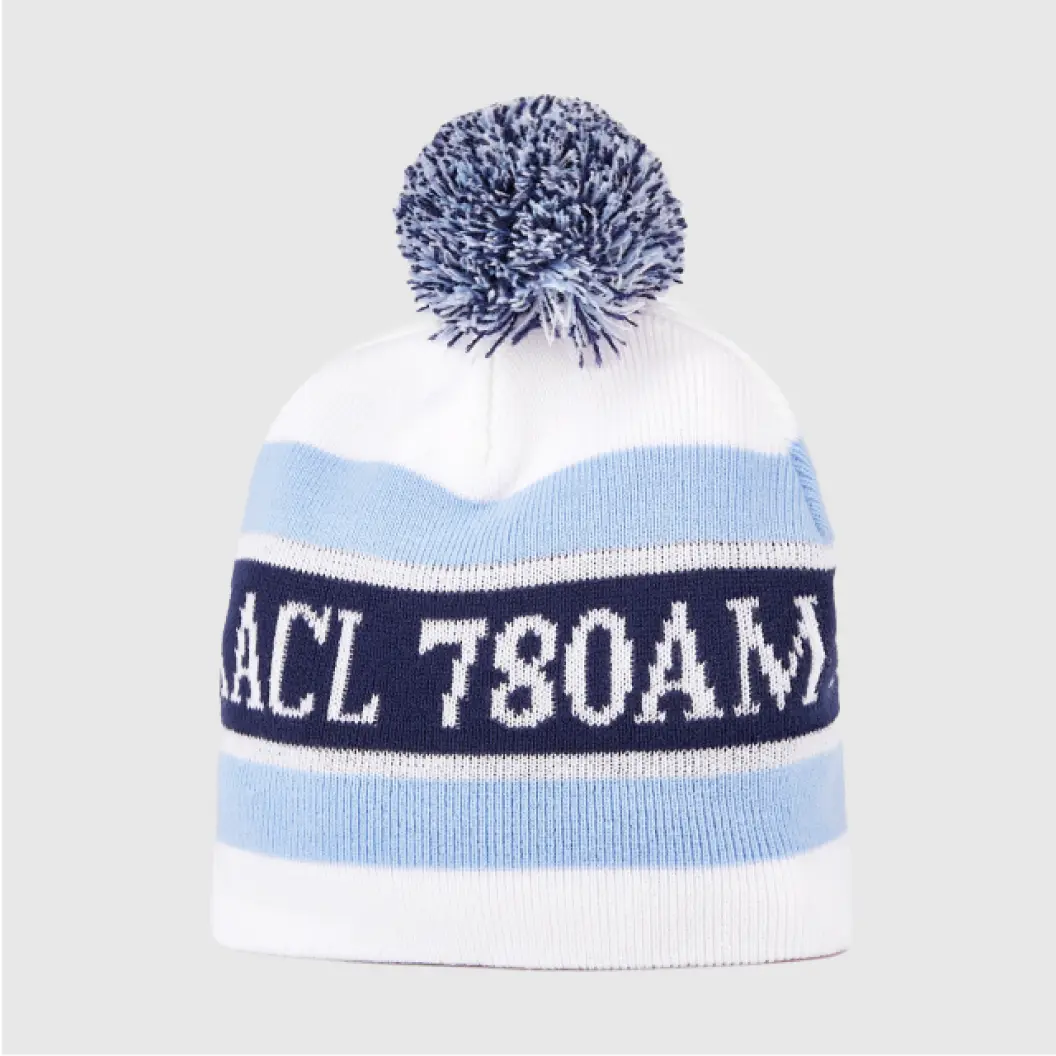 Beanie hat with blue and white stripes and a pompom on top.