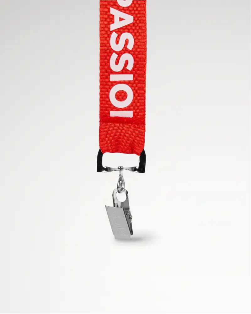 Red lanyard with a metal clip at the bottom.