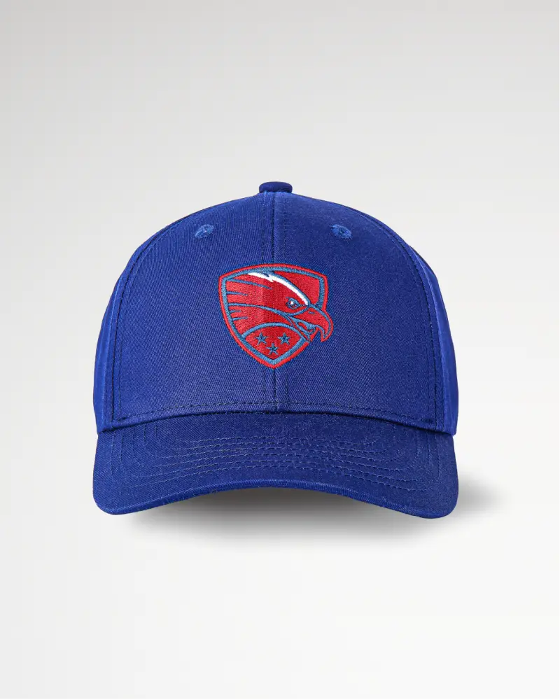 Blue baseball cap featuring a red eagle emblem on the front