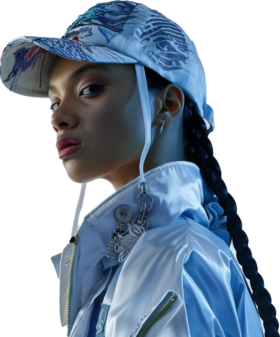 Woman wearing a white patterned cap and matching zippered jacket, styled fashionably.