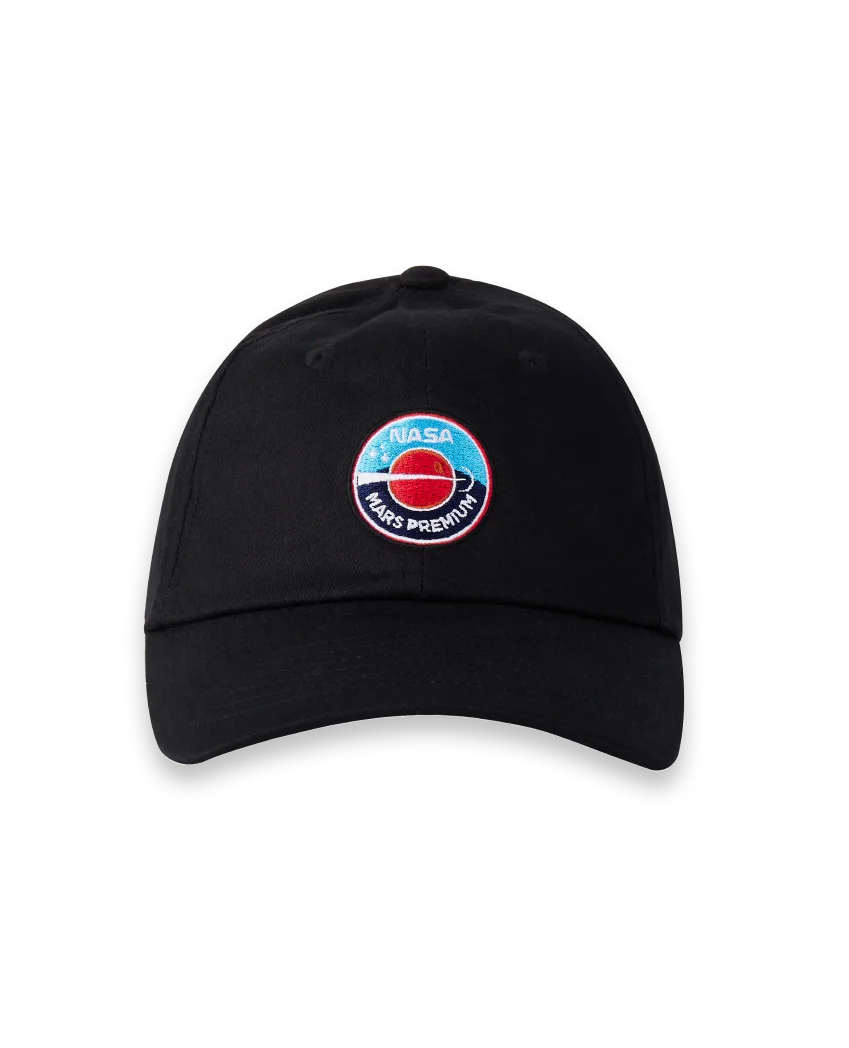 Black hat featuring a round embroidered NASA Mars mission patch.