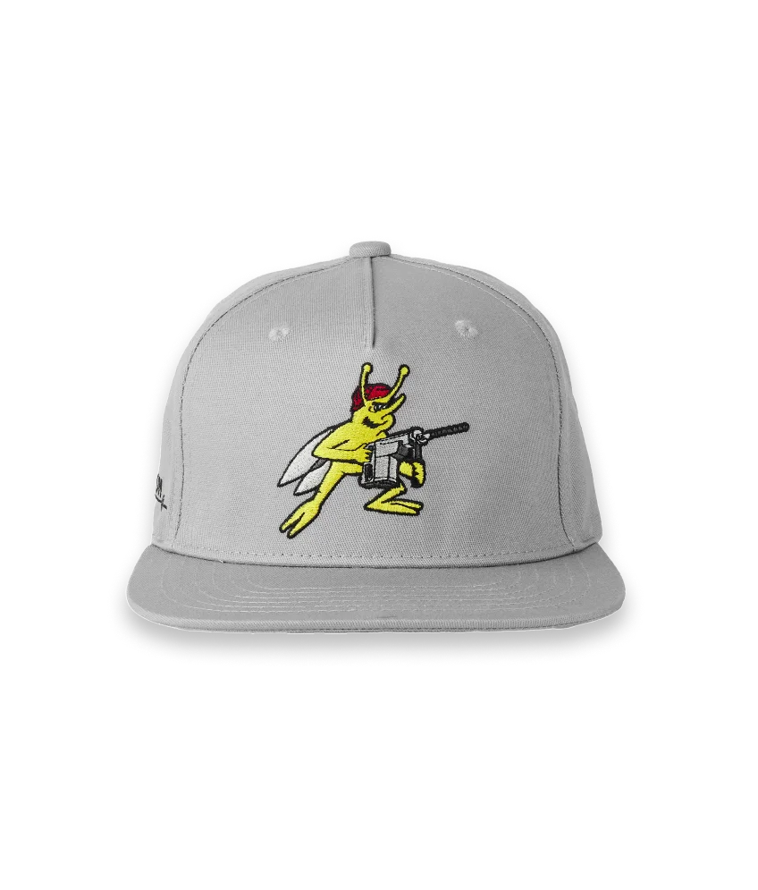 Gray hat with an embroidered yellow insect holding a gun logo on the front panel.