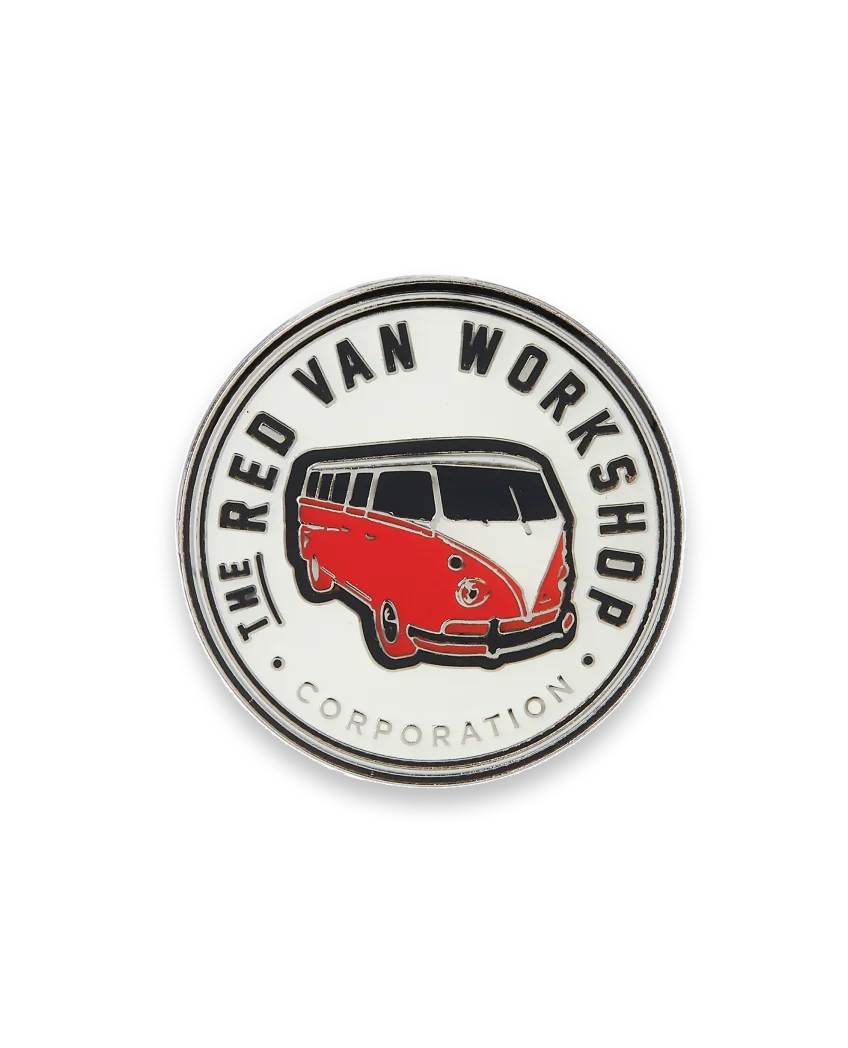 Company lapel pin for van workers, featuring a sleek design with branded elements and a polished finish.