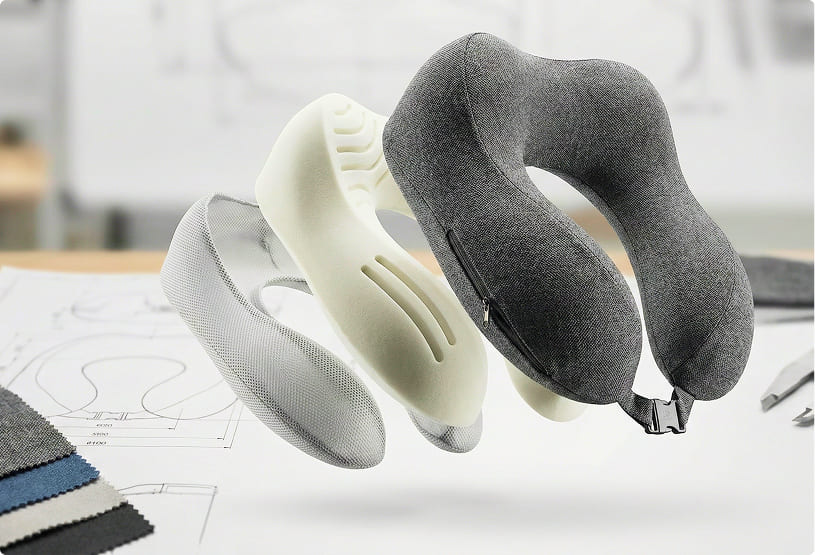Multiple neck pillow variants showing ergonomic contour and construction configurations