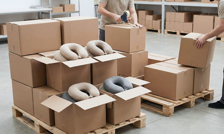 Neck pillows prepared for shipment in protective cartons and bulk packaging configuration