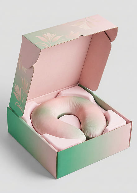 Custom neck pillows presented in branded retail box packaging for product display