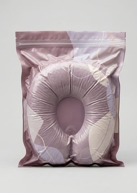 Compressed neck pillow packaged in protective bag for shipping and retail handling