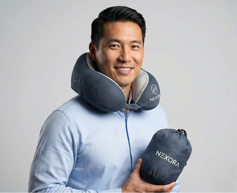 Travel neck pillow with integrated storage pouch and structured ergonomic support